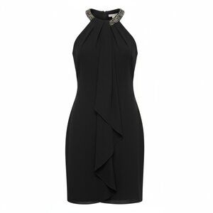 SLNY Women's Size 14 Black Bead Braided Halter Sleeveless Cascade Chiffon Dress